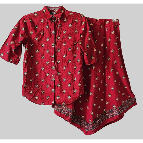 Vtg Lauren Ralph Lauren Red Floral Print Bandana Skirt Set S 4P Preppy Boho - Picture 1 of 9